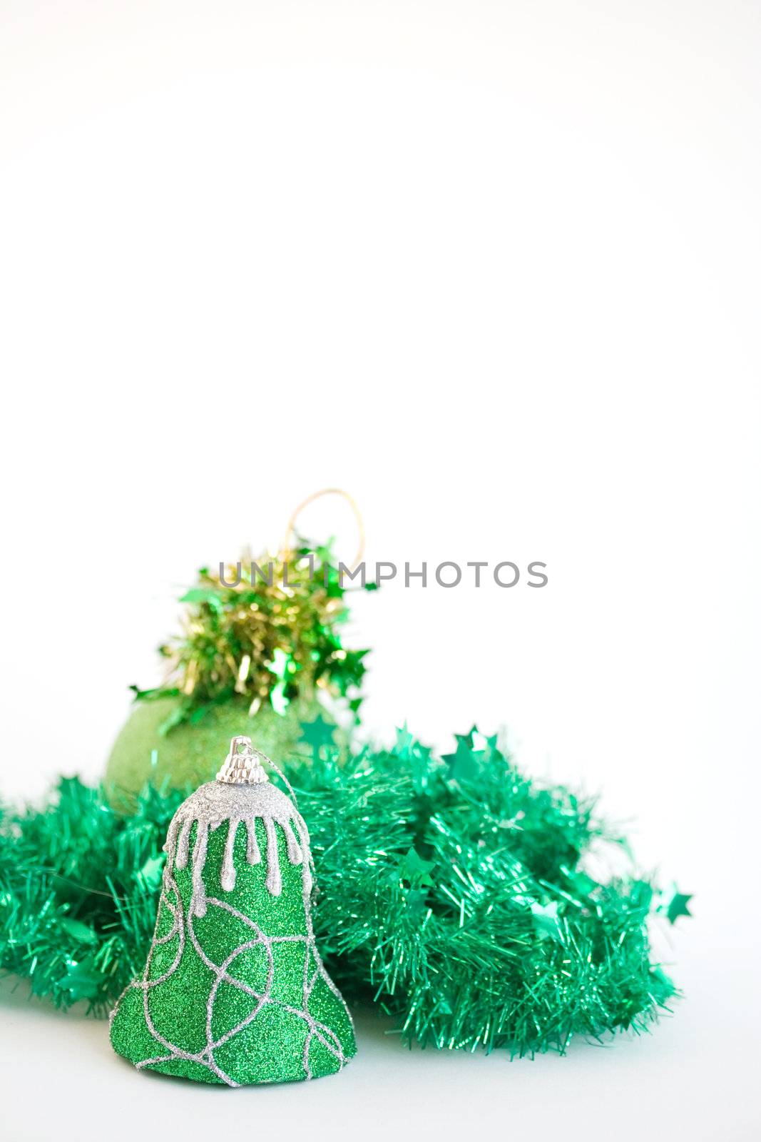 Collection of christmas tree toys on white background. With spac by serpl