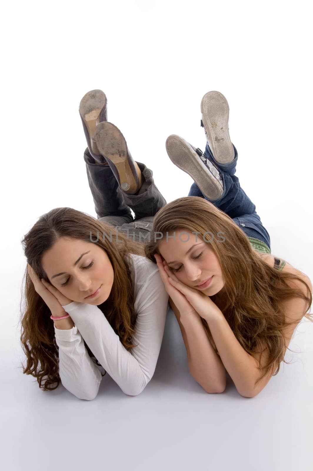 cute teenager girls sleeping with white background