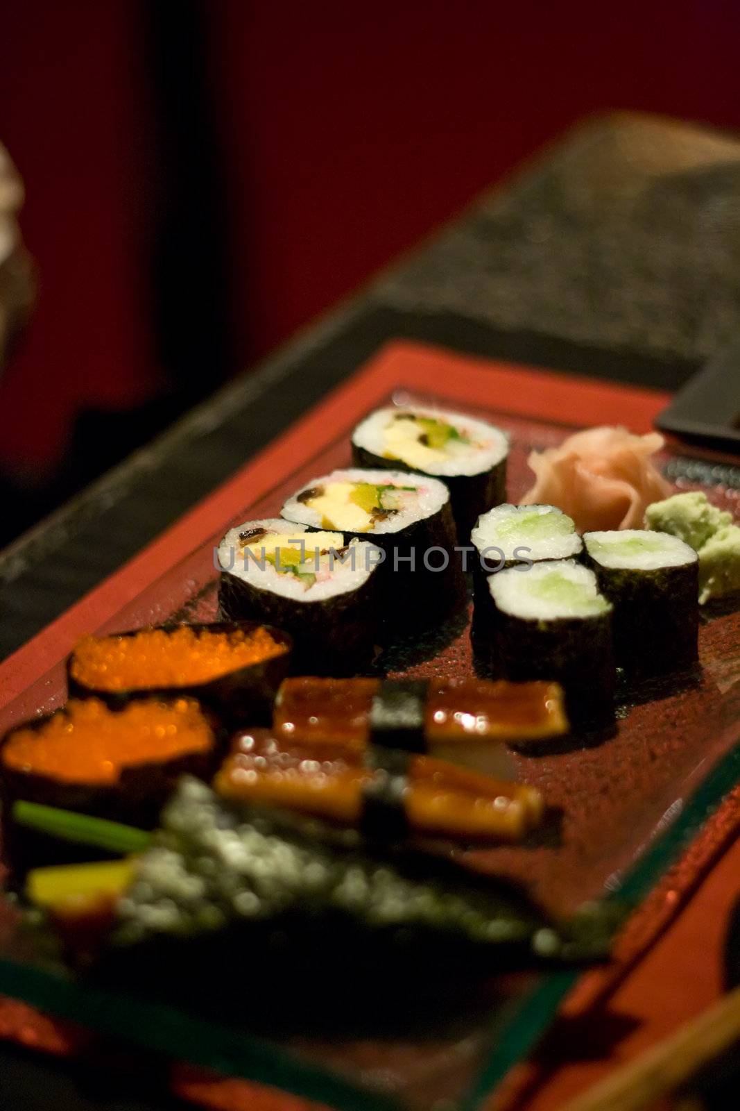 sushi set in a restaurant, shallow DOF