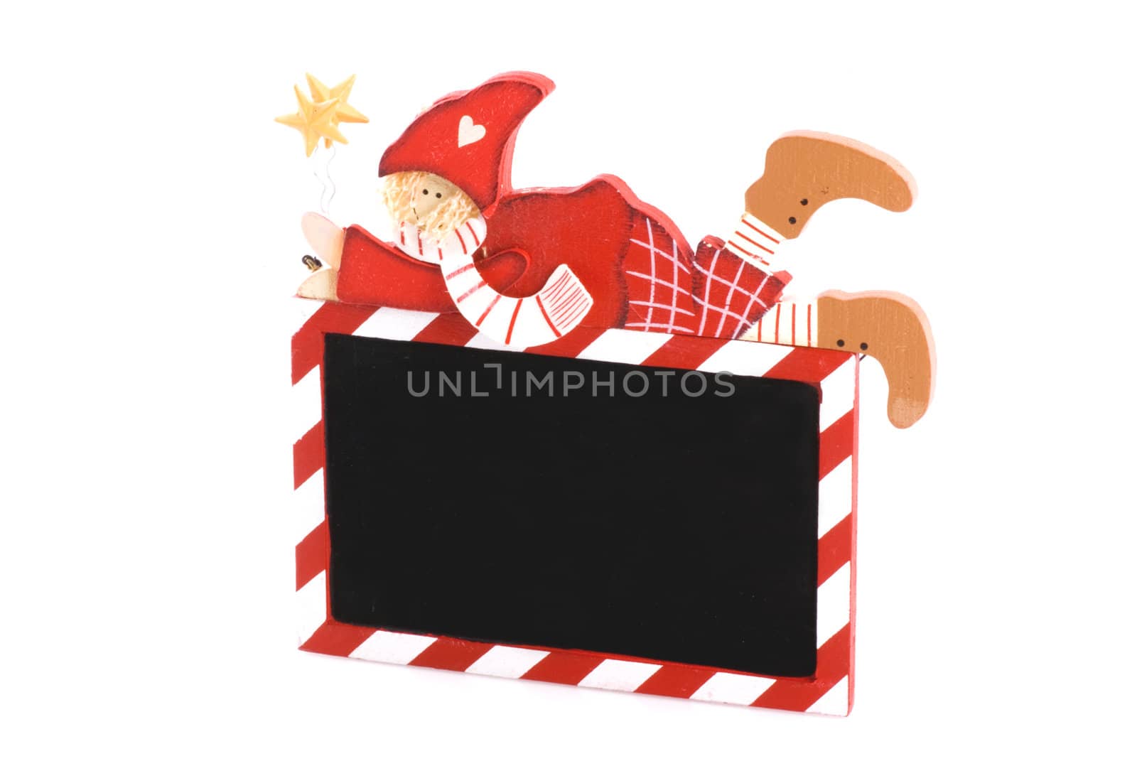Blanco christmas decorated schoolboard isolated on white.
