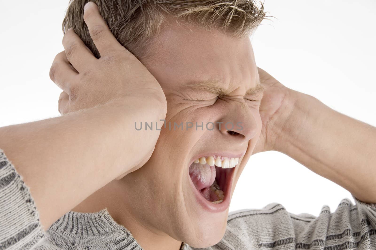 screaming young man on an isolated white background