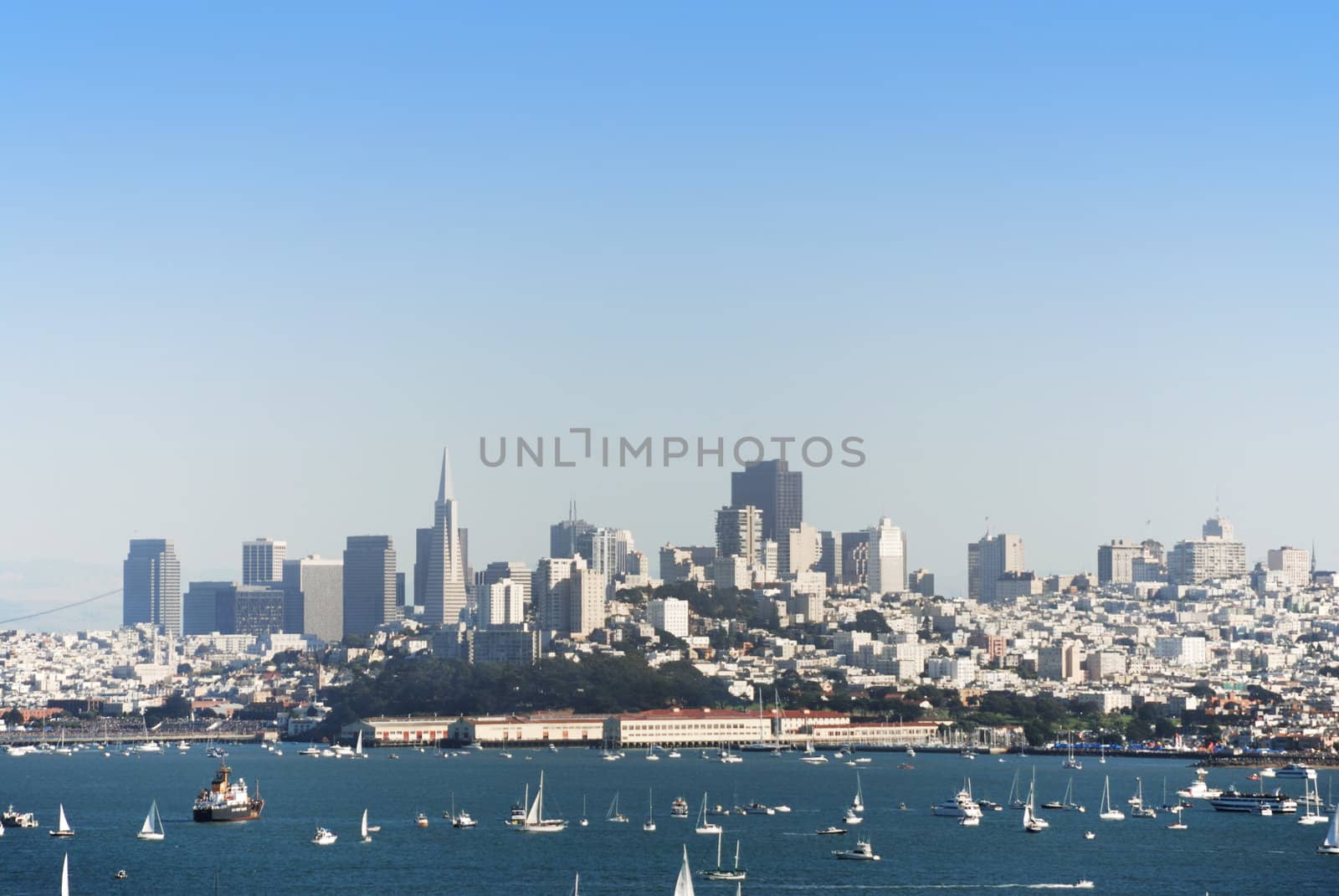 a view on San Francisco and bay with many boats