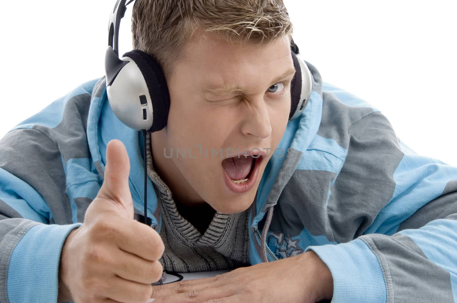 man with headphone wishing good luck with white background