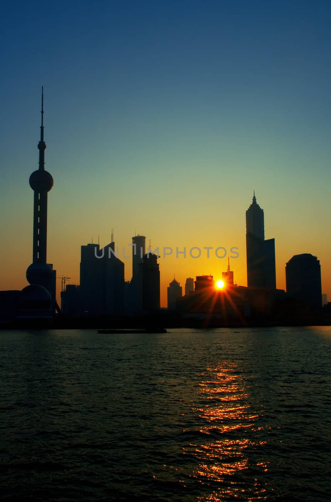 china shanghai pudong skyline at summer sunrise