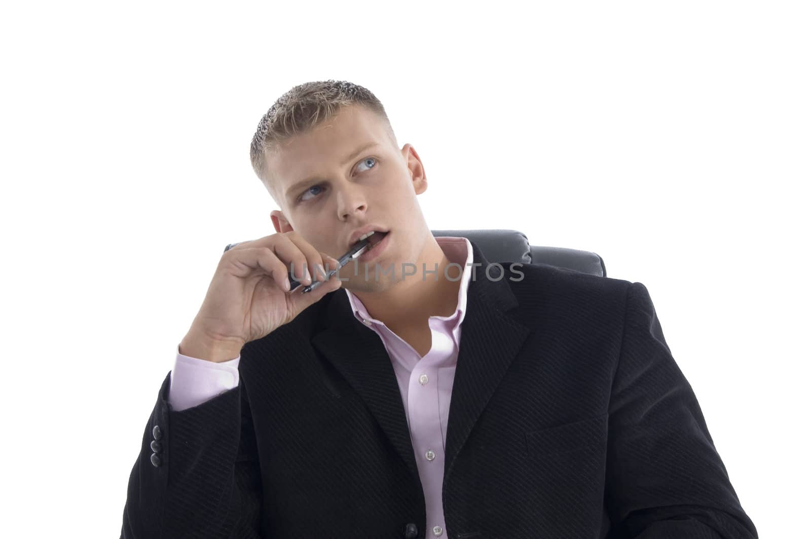 thinking young businessman looking up with white background