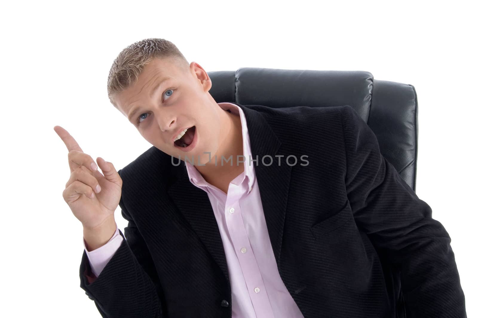 sitting manager indicating upward with white background