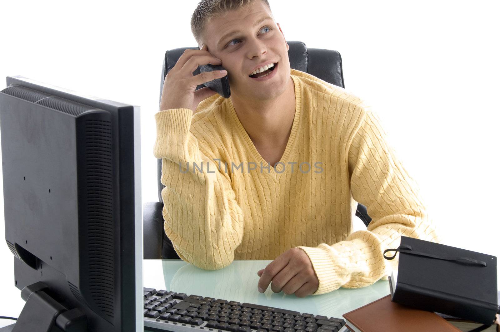 professional talking on mobile on an isolated white background