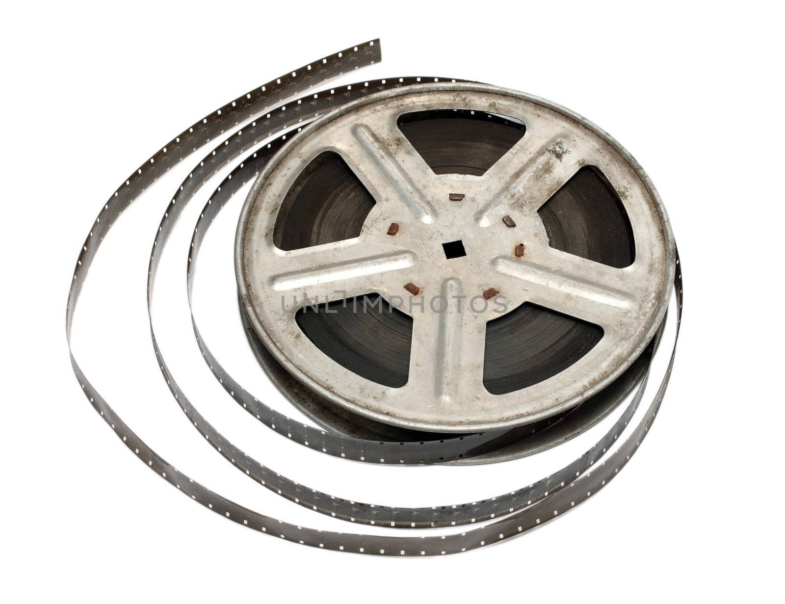 old movie film on metal reel isolated on white