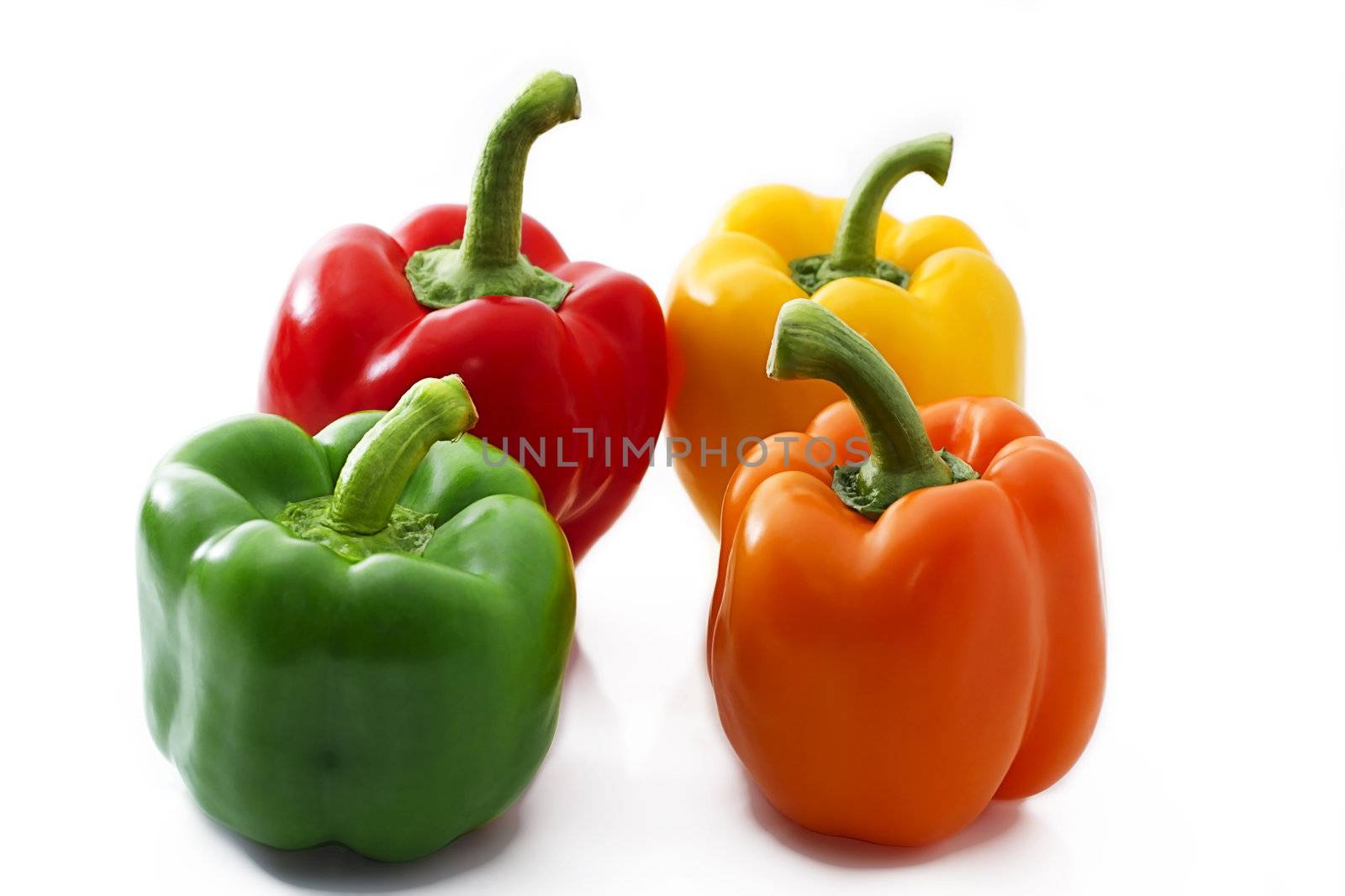 four colorful paprikas on white background