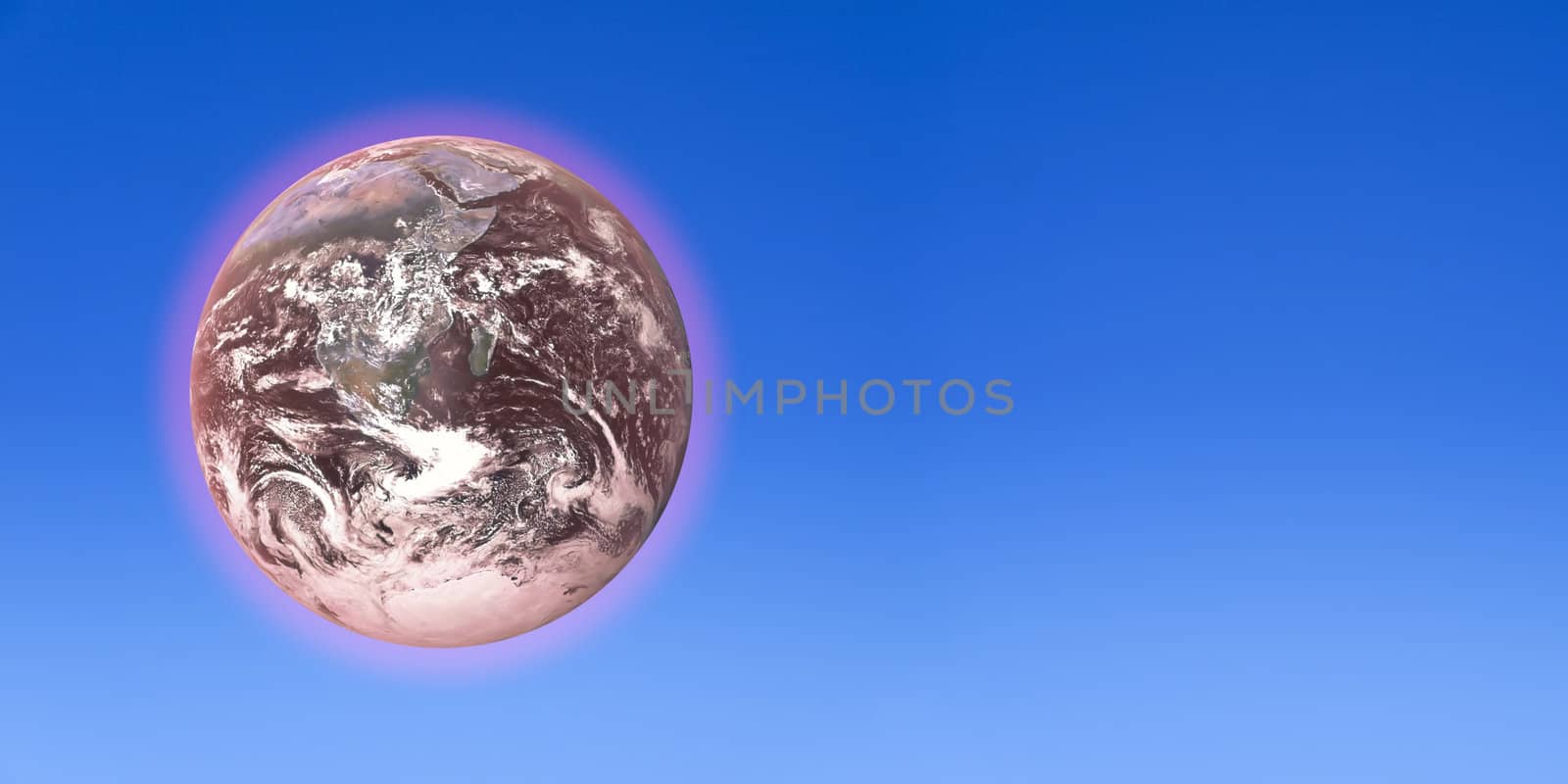 A dying Earth over a clear blue sky backdrop