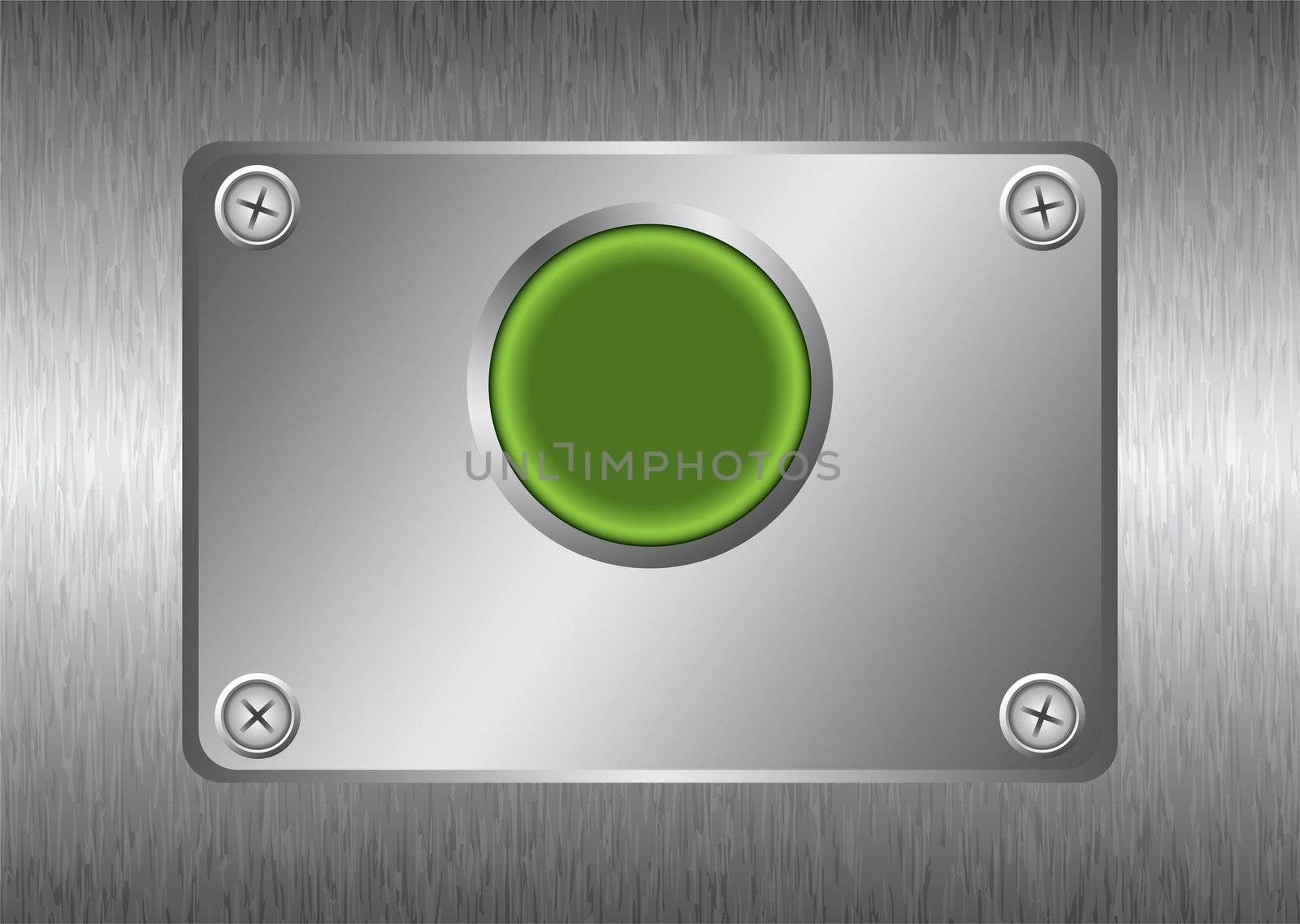 Silver metal background with green button and screw heads