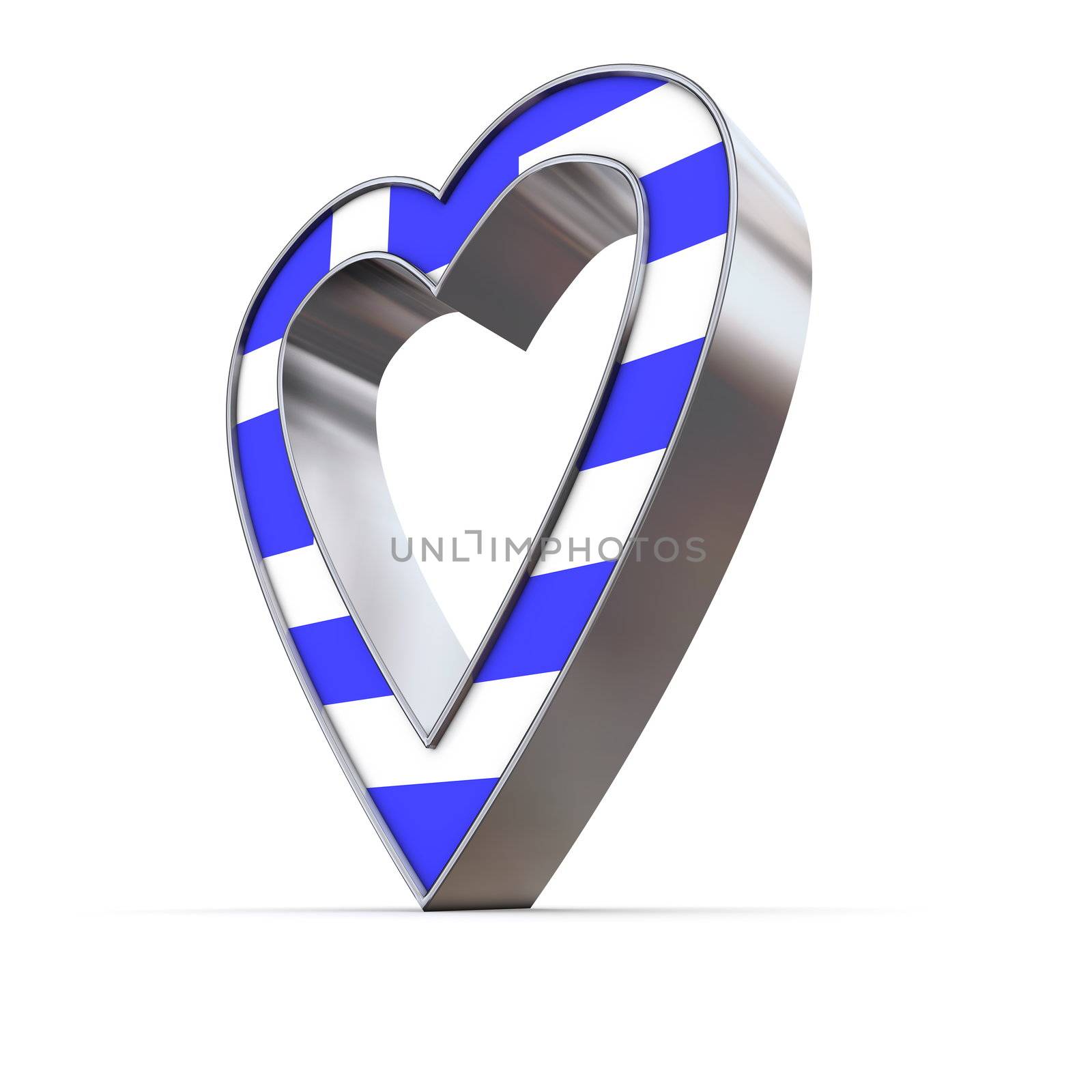 shiny metallic 3d heart of silver/chrome - front surface shows the greek flag