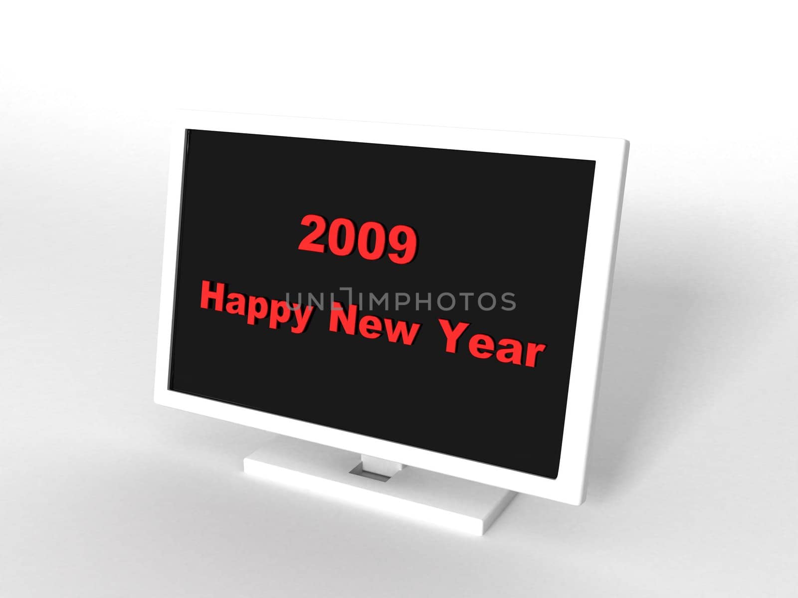 three dimensional monitor showing happy new year