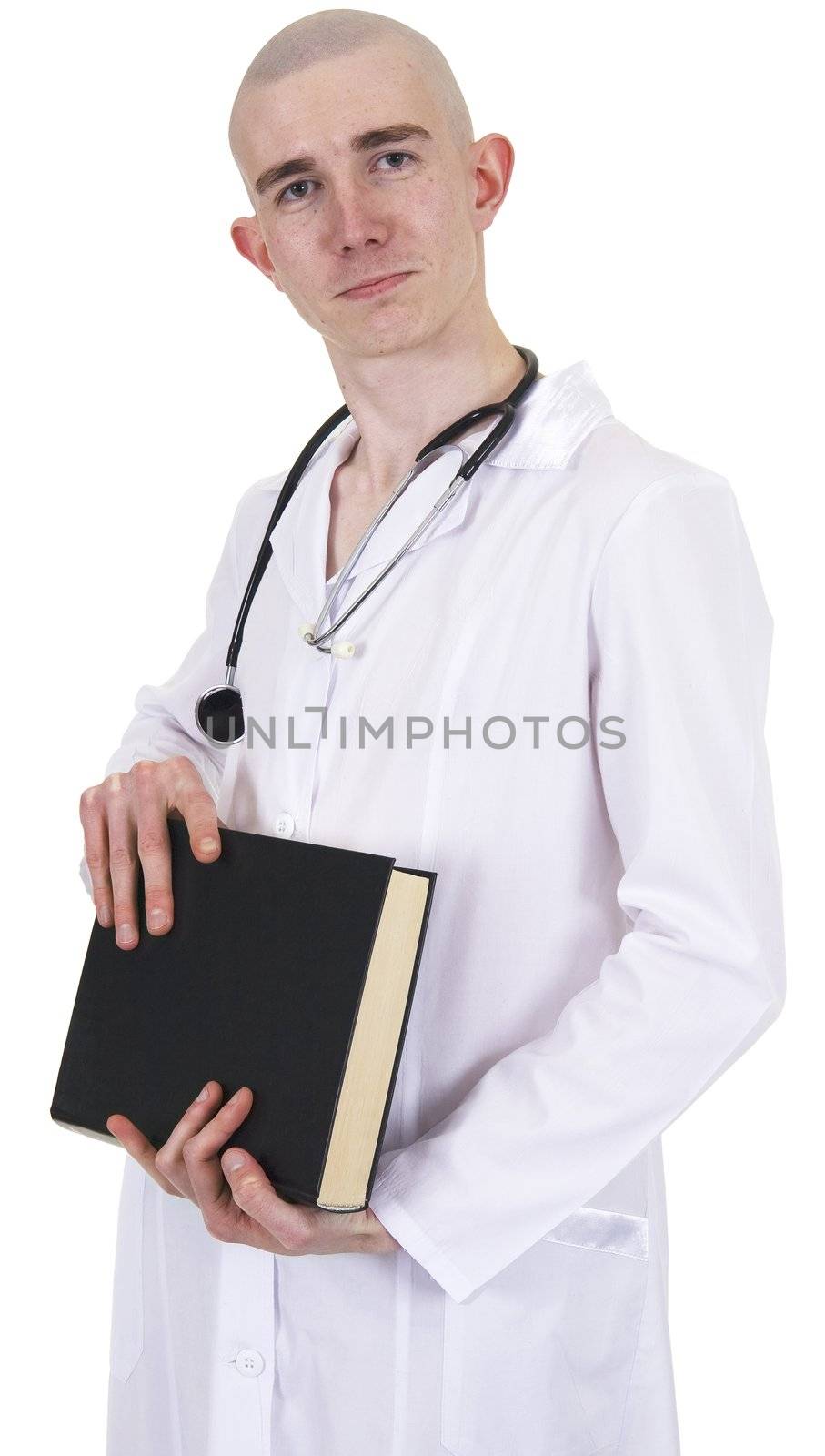 The doctor on a white background with a book and stetoscope