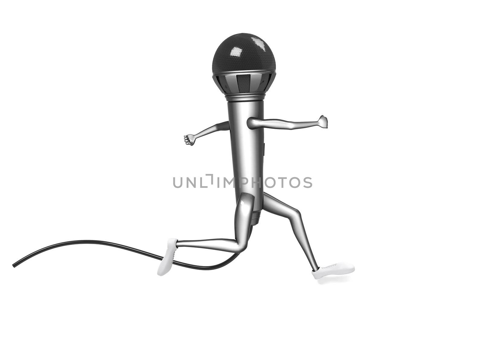 isolated three dimensional running microphone with hands and legs 

