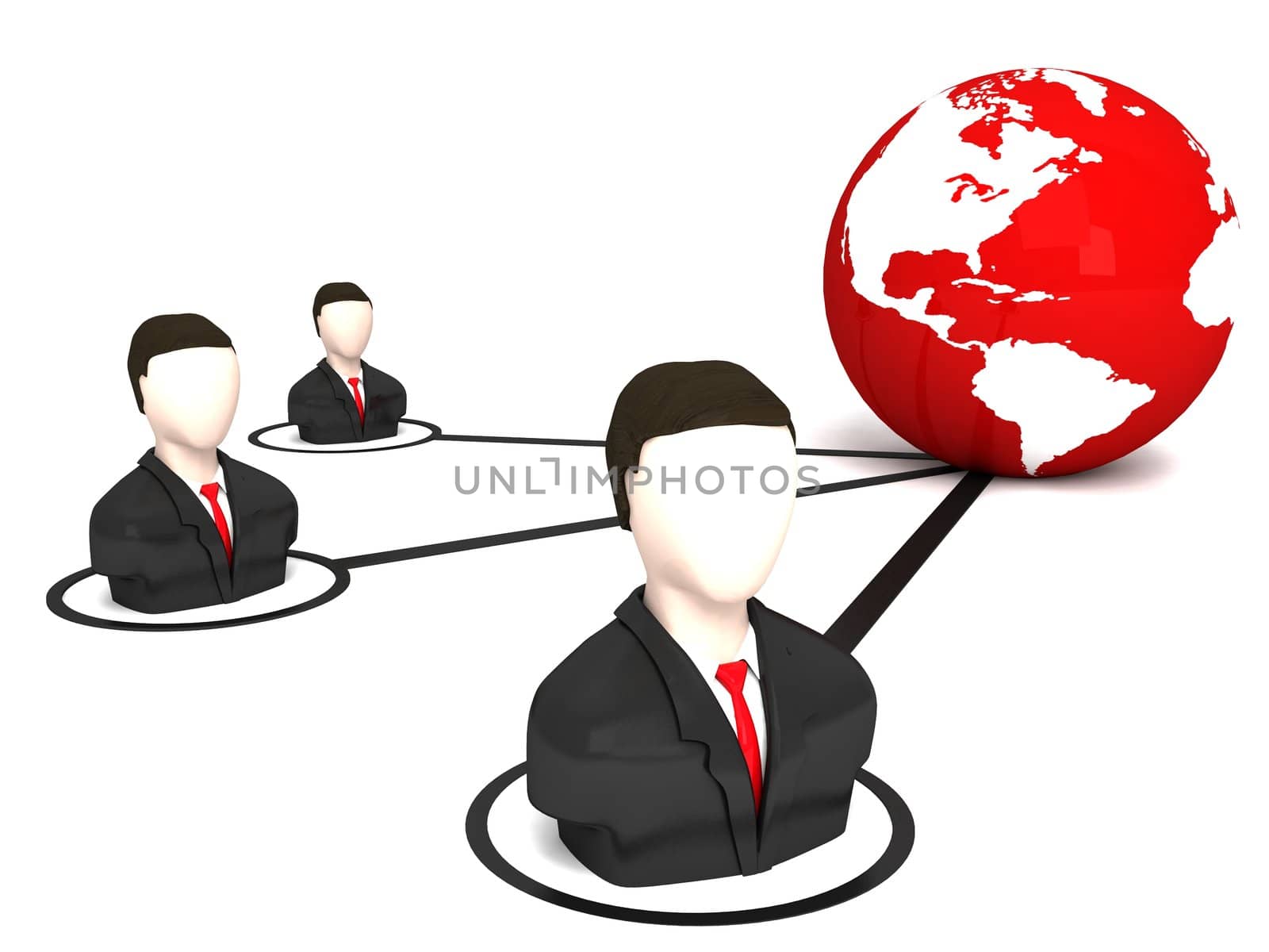 three dimensional business men and globe against white background