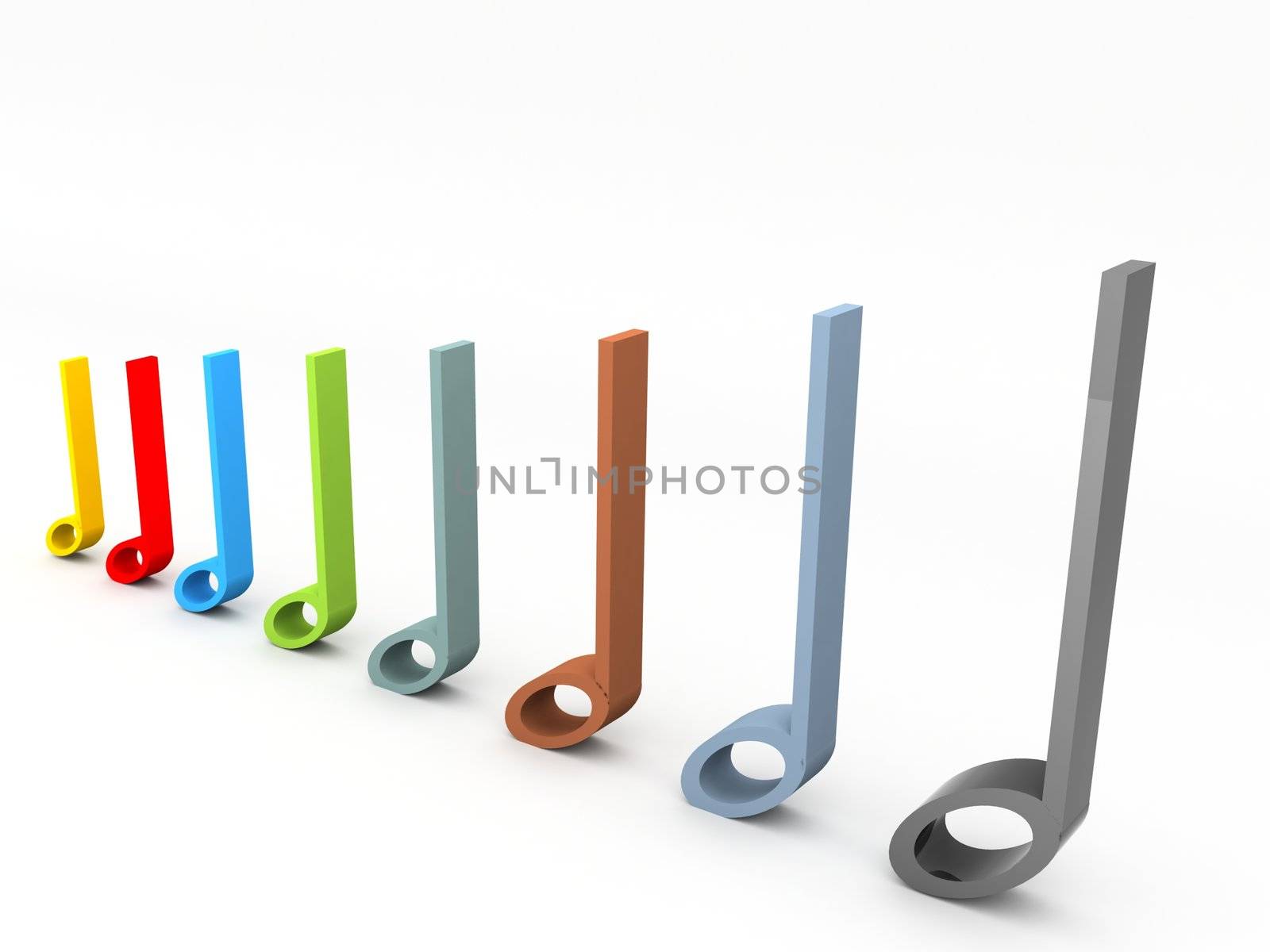 three dimensional musical notes in row
