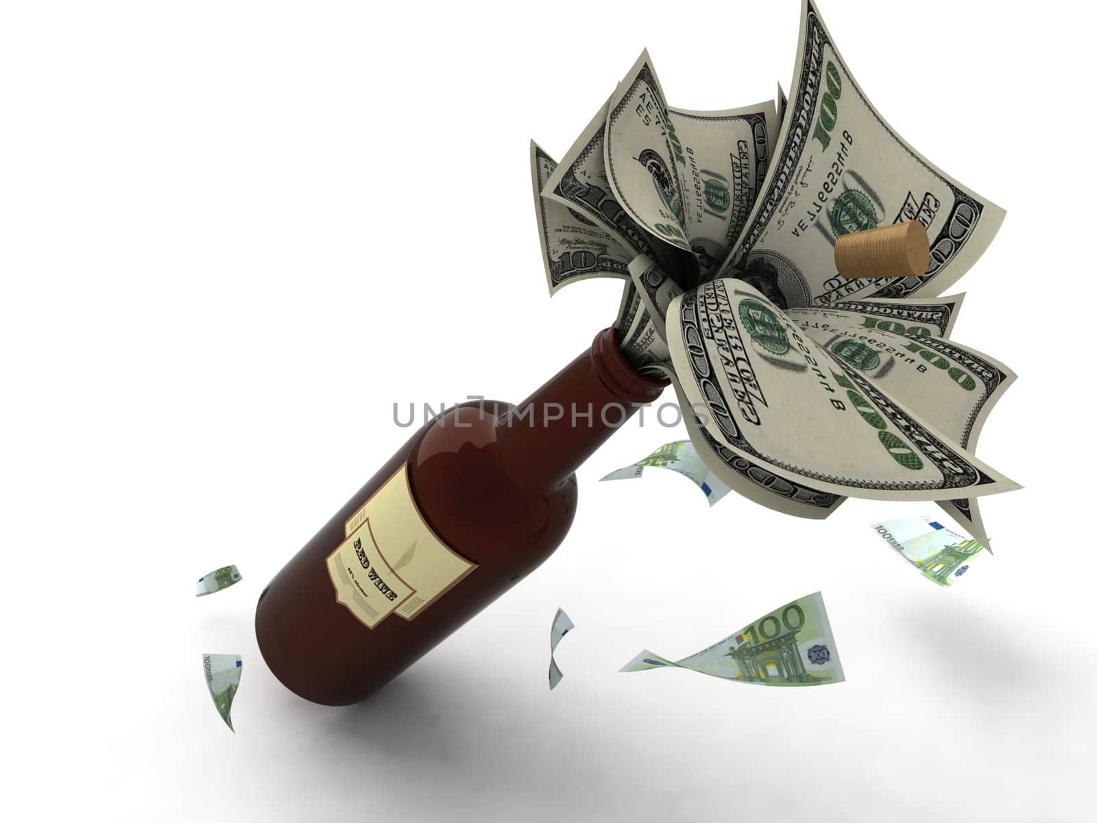 isolated three dimensional view of dollars in bottle

