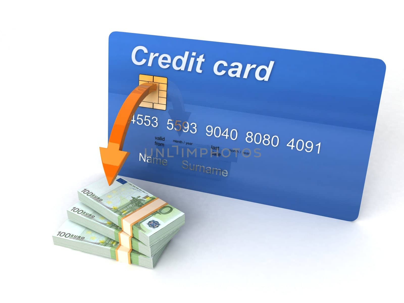 three dimensional credit card with bundle of currency

