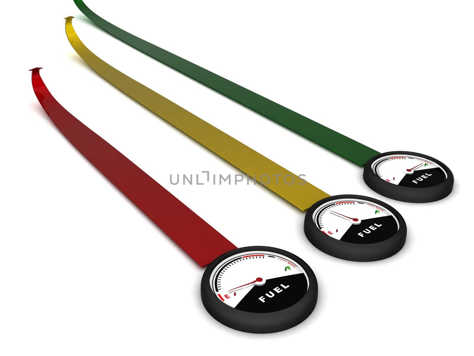three dimensional colored fuel meter against white background