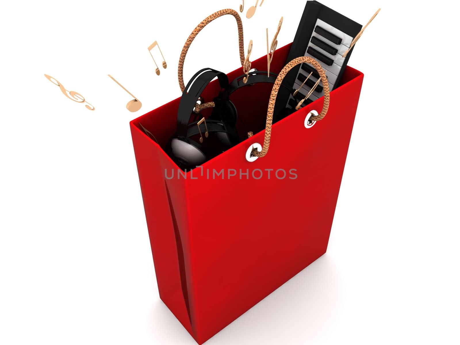 three dimensional shopping bag with musical equipments on an isolated white background