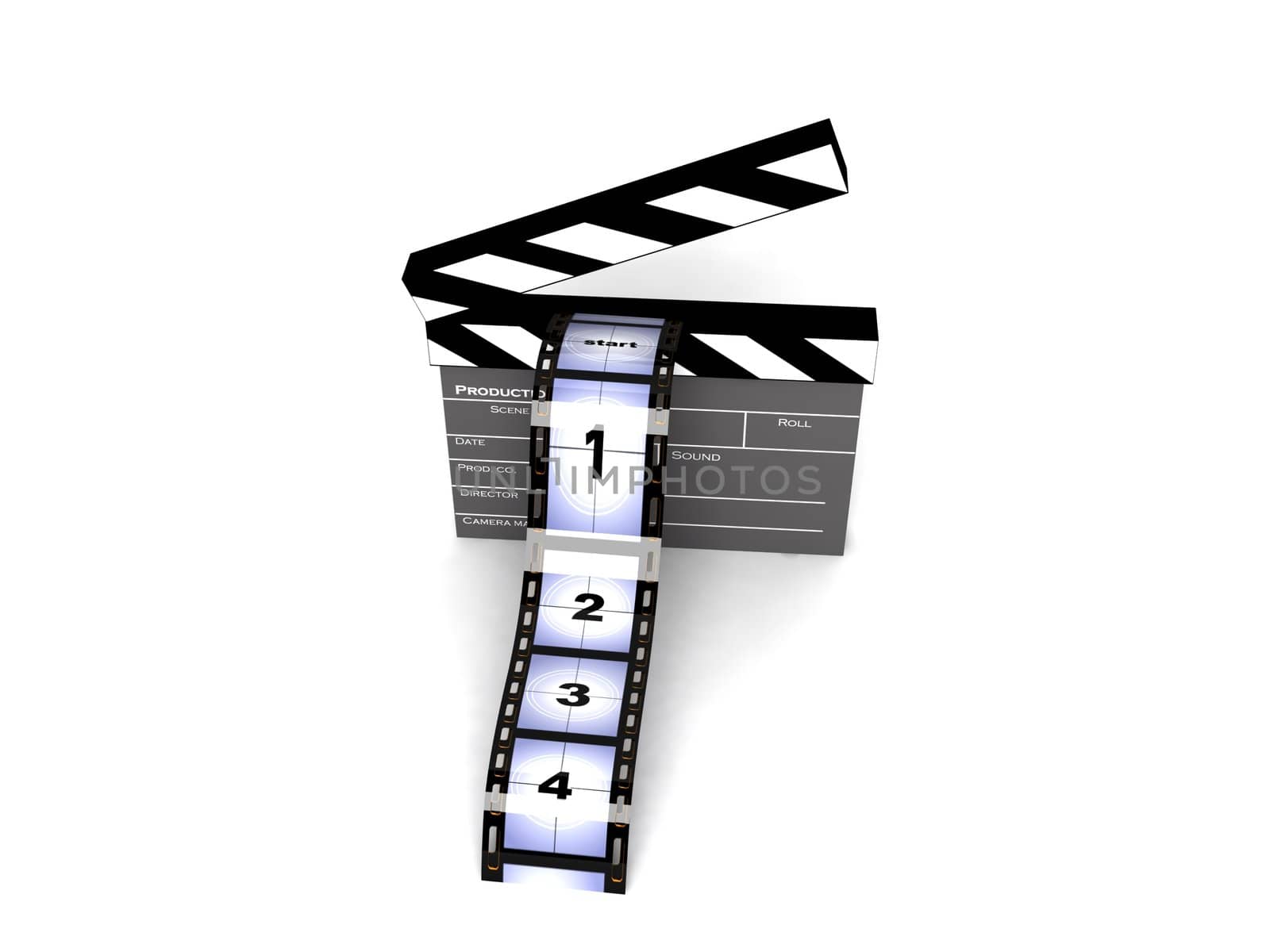 three dimensional  rendered clapperboard with filmstrips