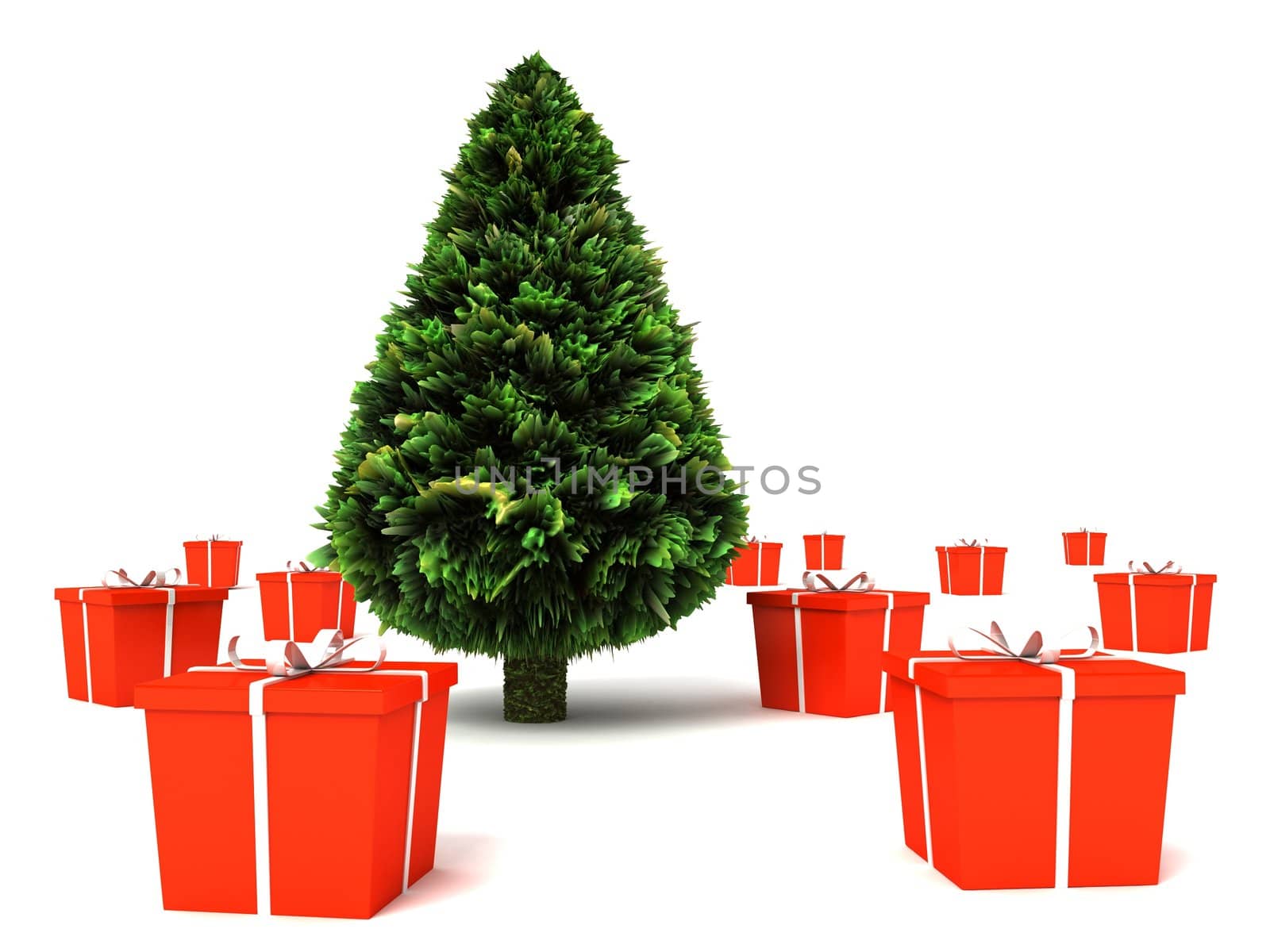 rendered beautiful christmas tree with gifts on an isolated white background