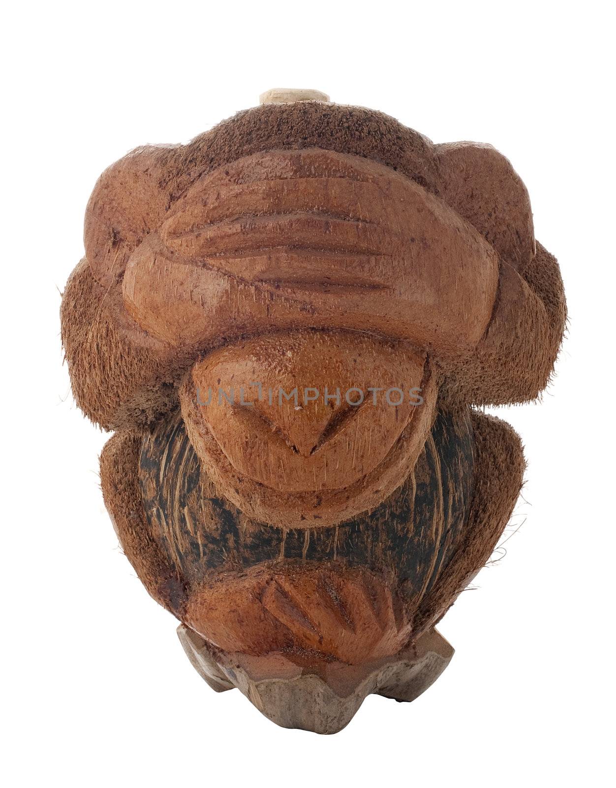 Bottle carved from a coconut in the shape of a ashamed monkey isolated from the white background.