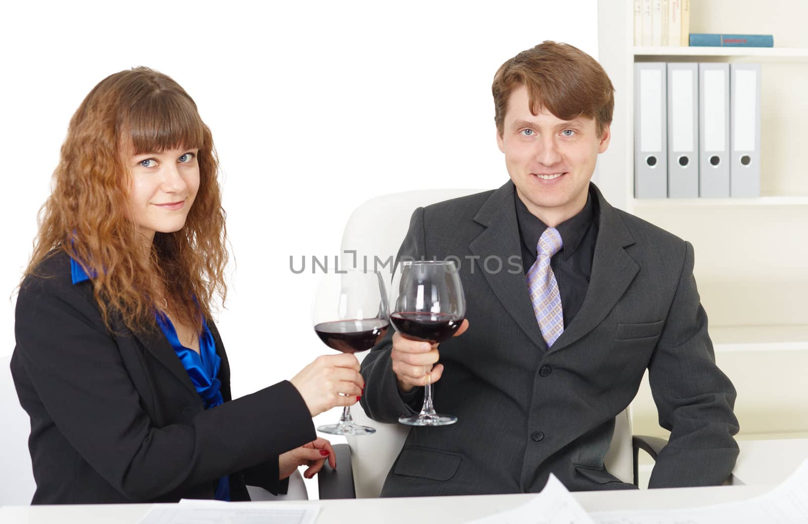 Clerks drink wine in office - celebrate by pzaxe