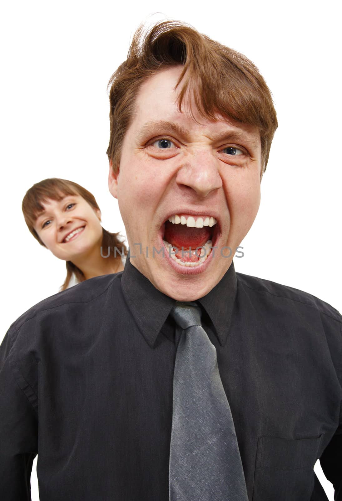 A man in a rage and shouted loudly. Woman happy. Isolated on white.
