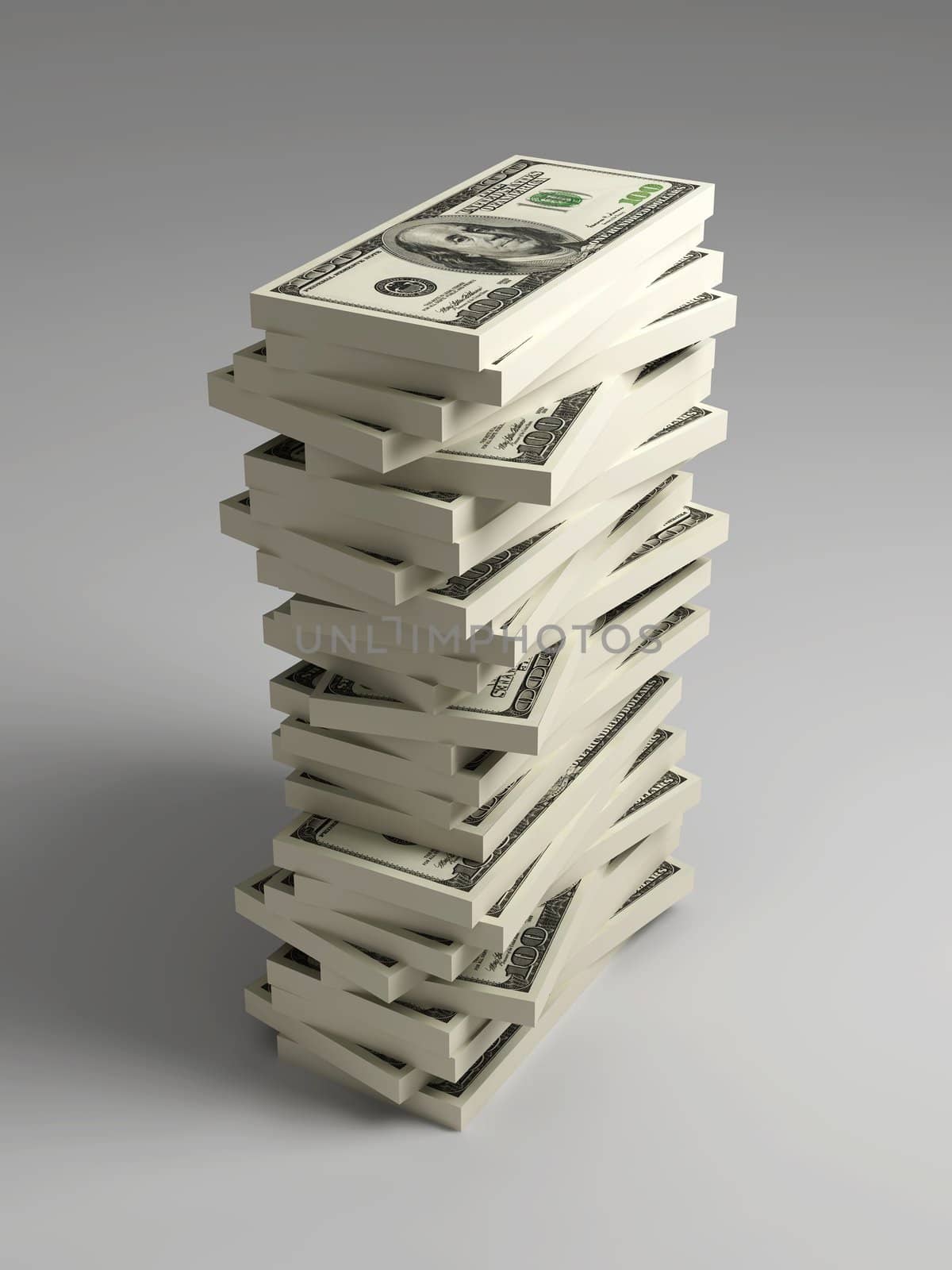 3D rendered Illustration. Stacks of 100 Dollar Bills.