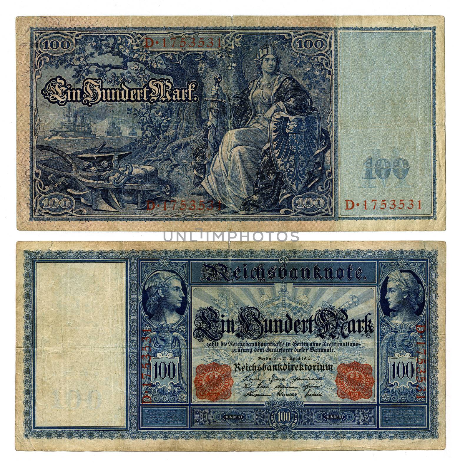 old 100 German Reichsmark (obverse and reverse)
