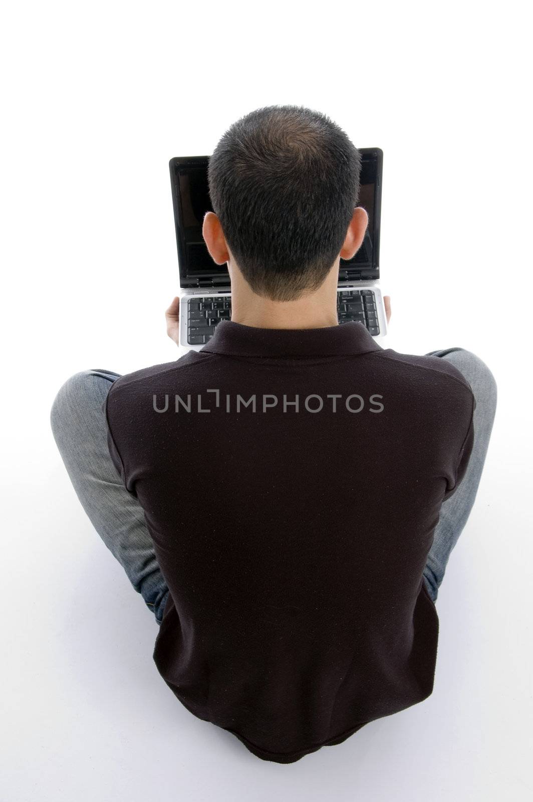 male busy with laptop isolated on white background