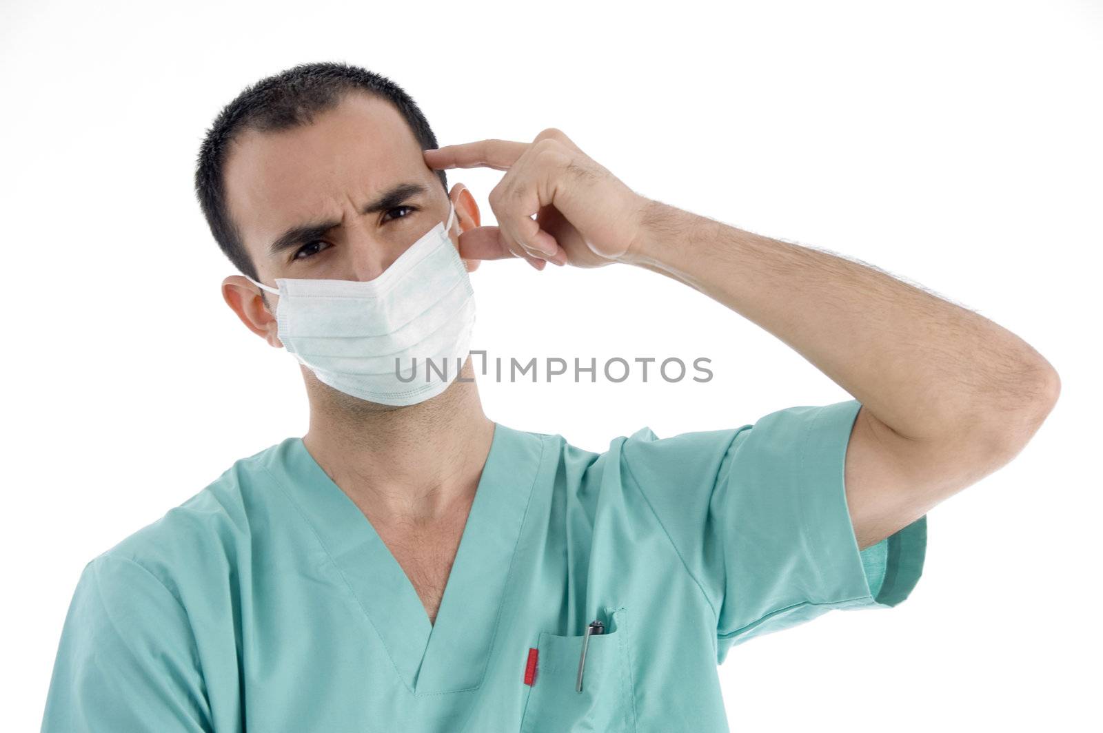 doctor posing with face mask isolated on white background