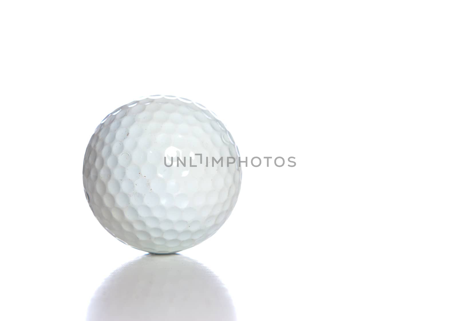 A white golf ball with a reflection, shot against a white background.