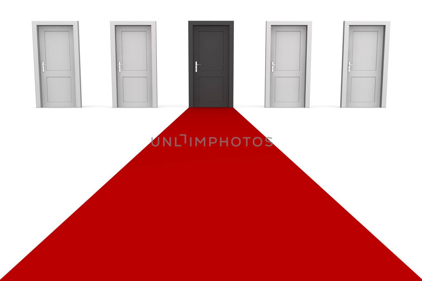 line of five doors, one black door in the middle - red carpet to the green door