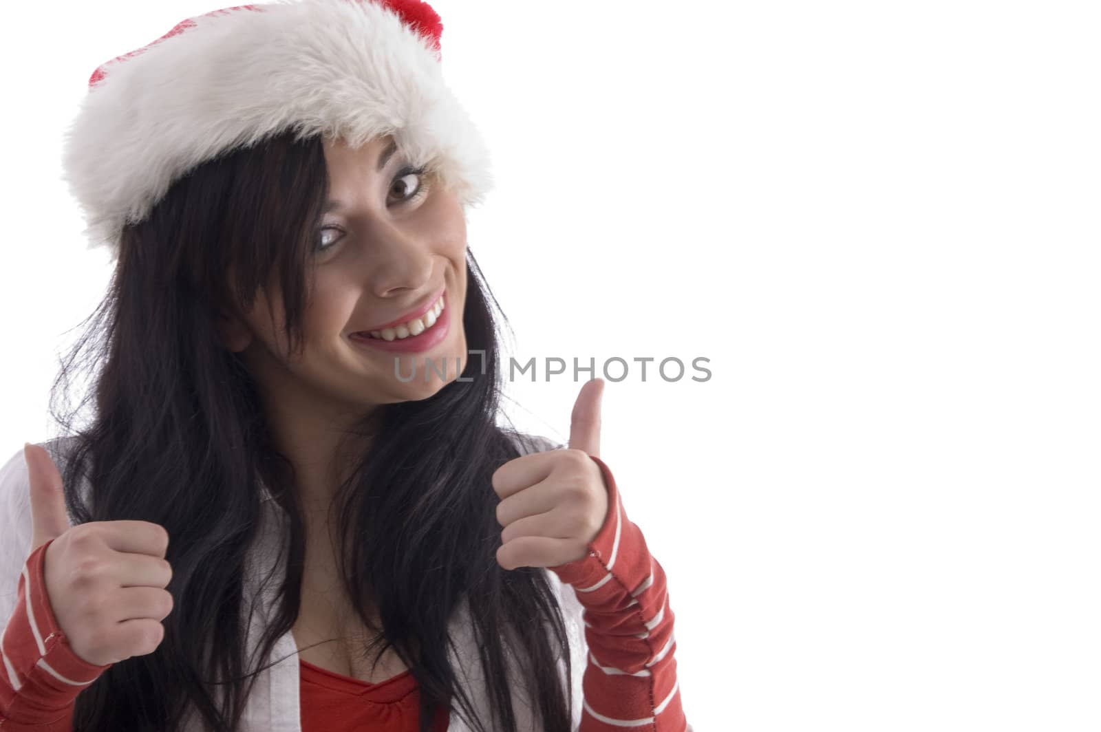 pretty girl showing thumbs up on an isolated white background