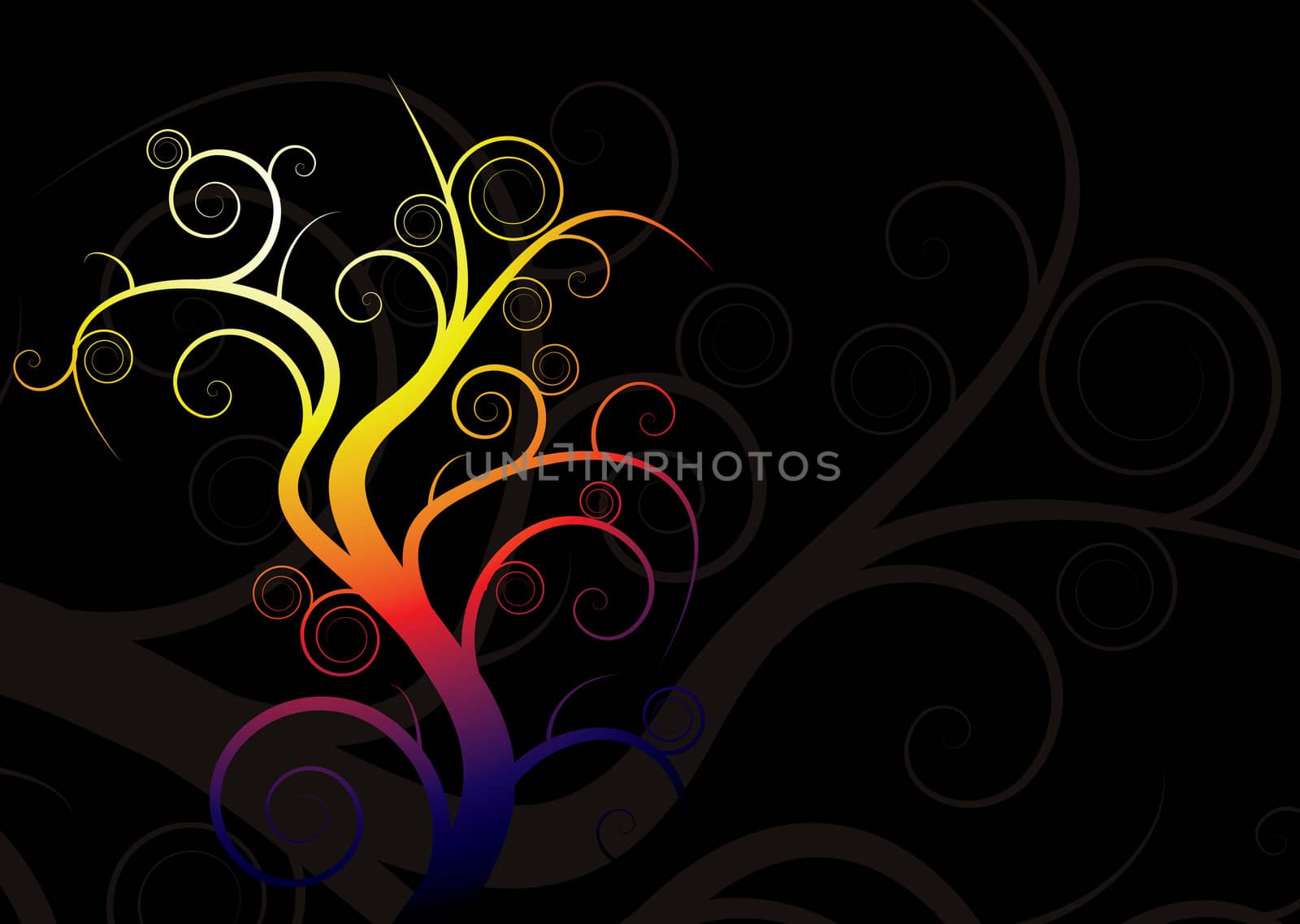 Spooky twisted colorful tree with a black background