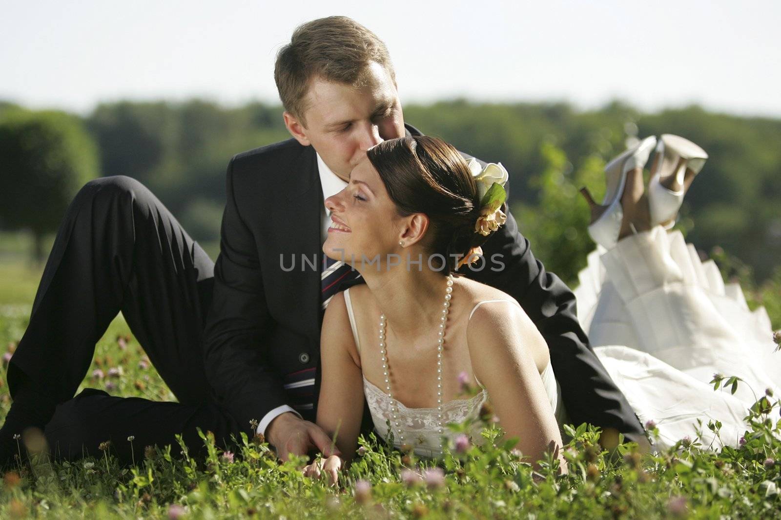 Newlywed couple kissing in field in countryside.
