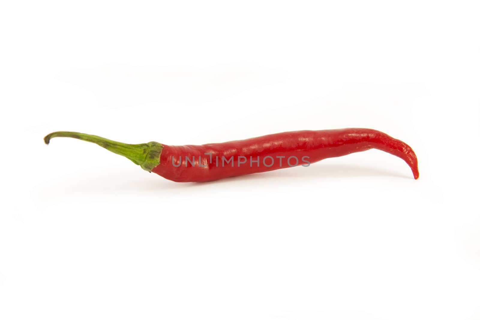 A whole fresh red chili on a white background