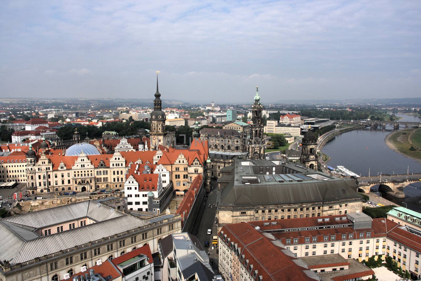 Beautiful cityscape of Dresden, Saxony, Germany. River Elbe, Hofkirche and other landmarks. View from Frauenkirche cathedral dome.