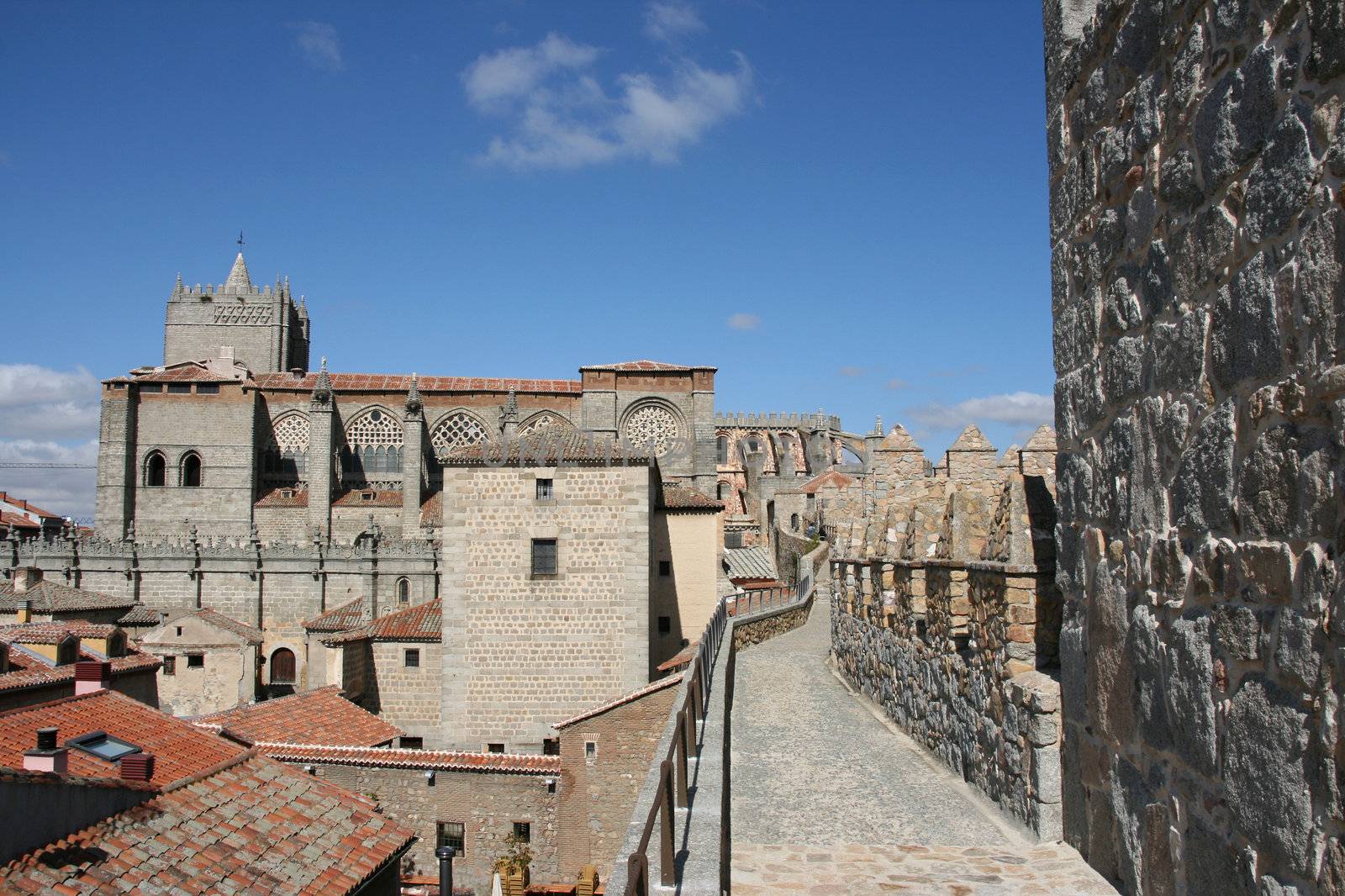 Avila town and cathedral seen from the medieval city walls. Spanish landmarks in Castilia region.