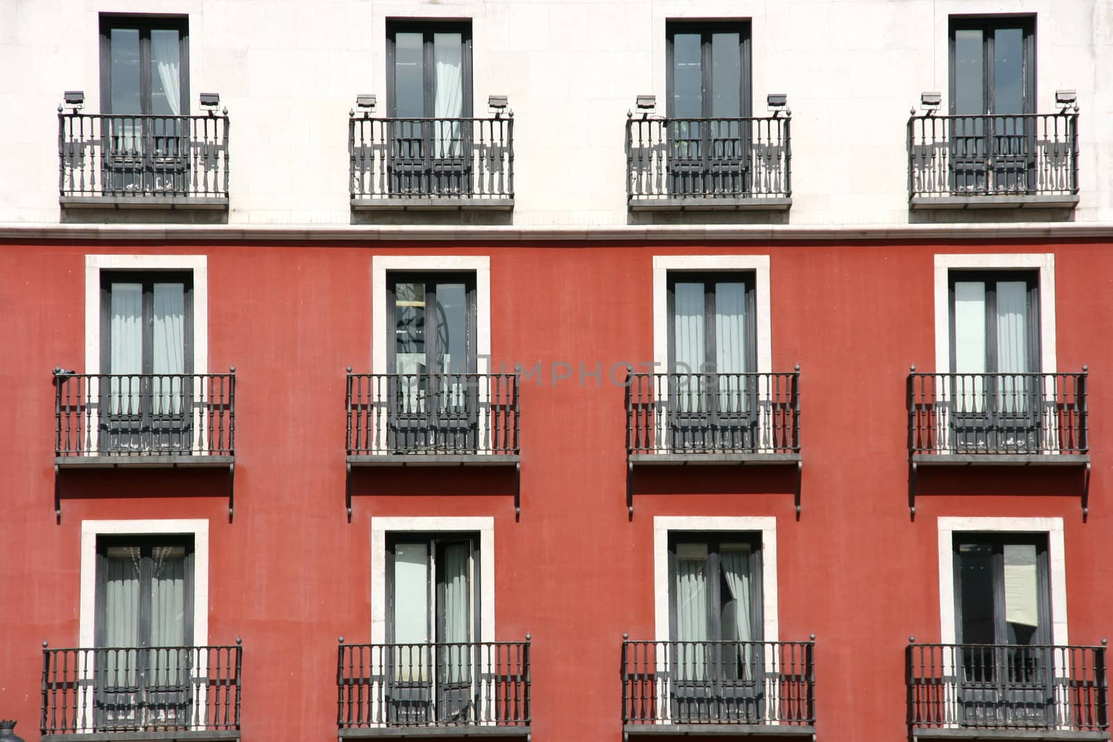 Windows of building at Plaza Mayor in Valladolid, Spain