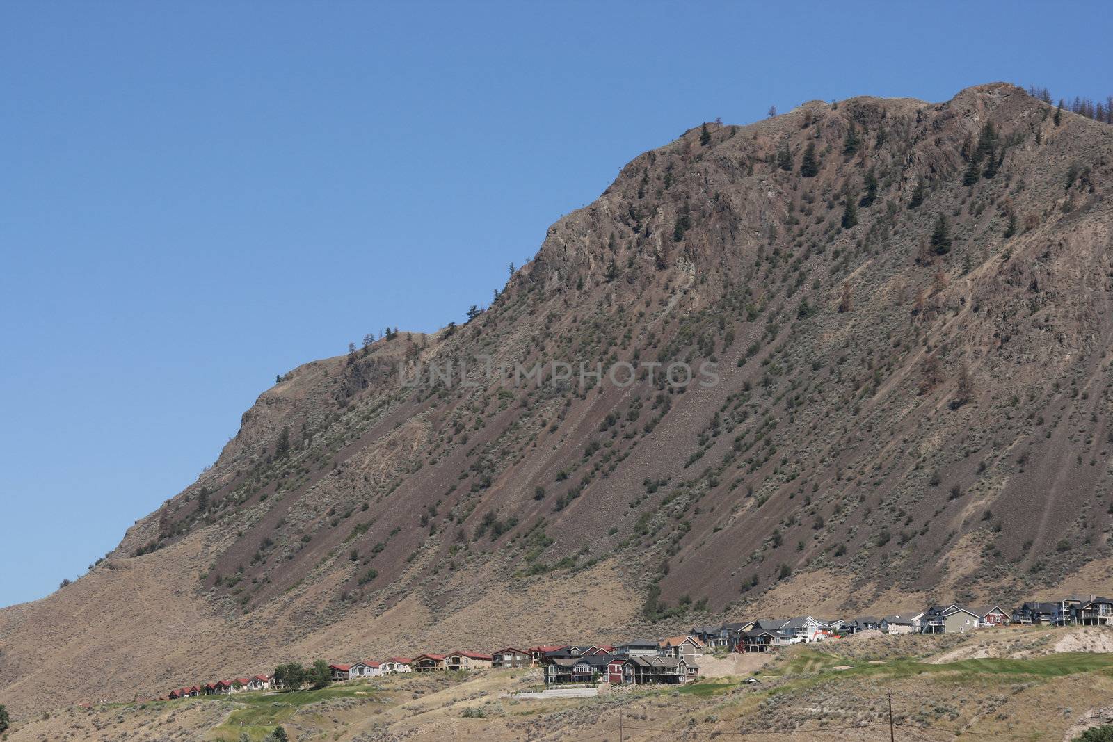 Mountainside town in British Columbia, Canada. Barren desert landscape near Kamloops.