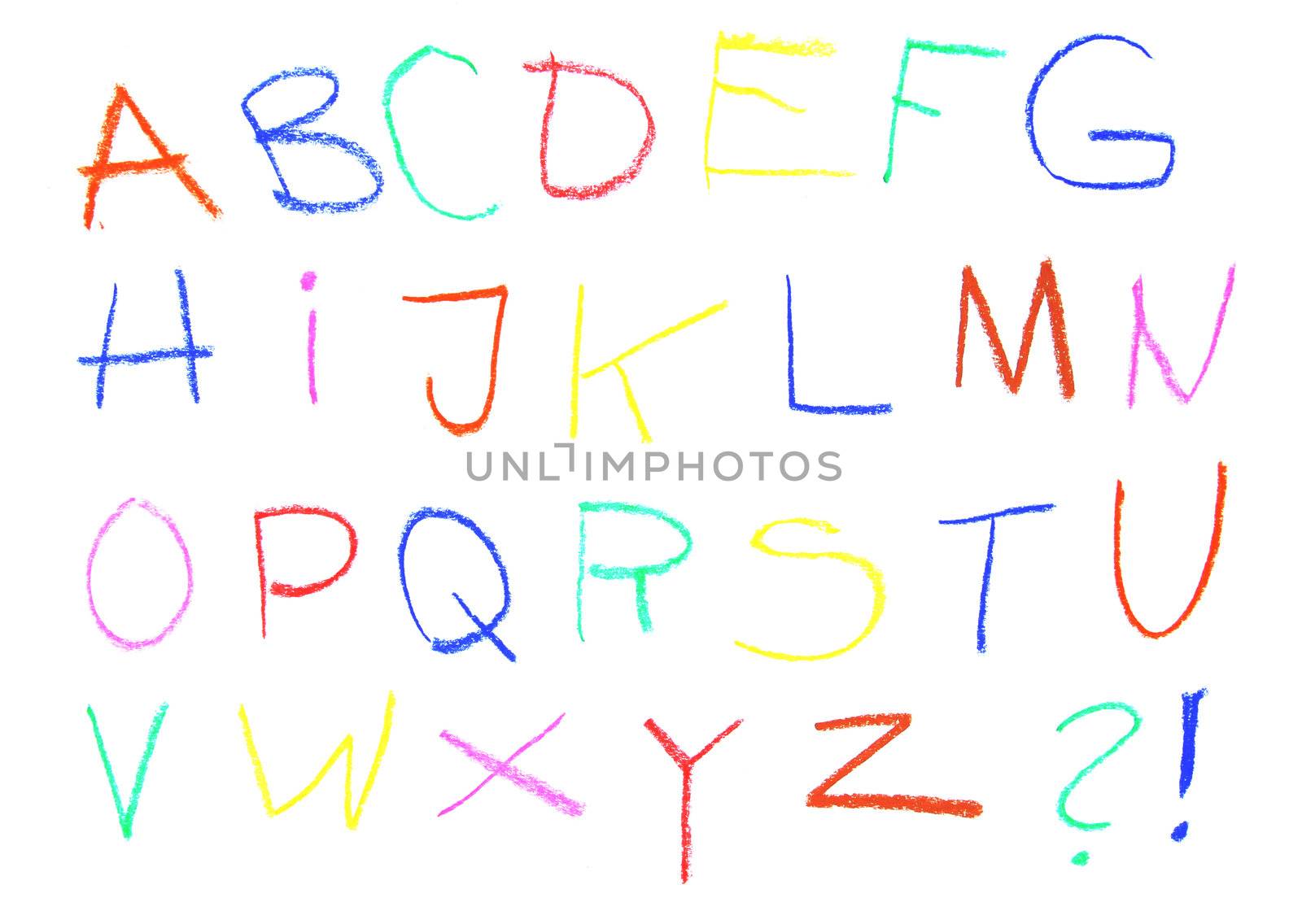 Child drawing of alphabet font made with wax crayons