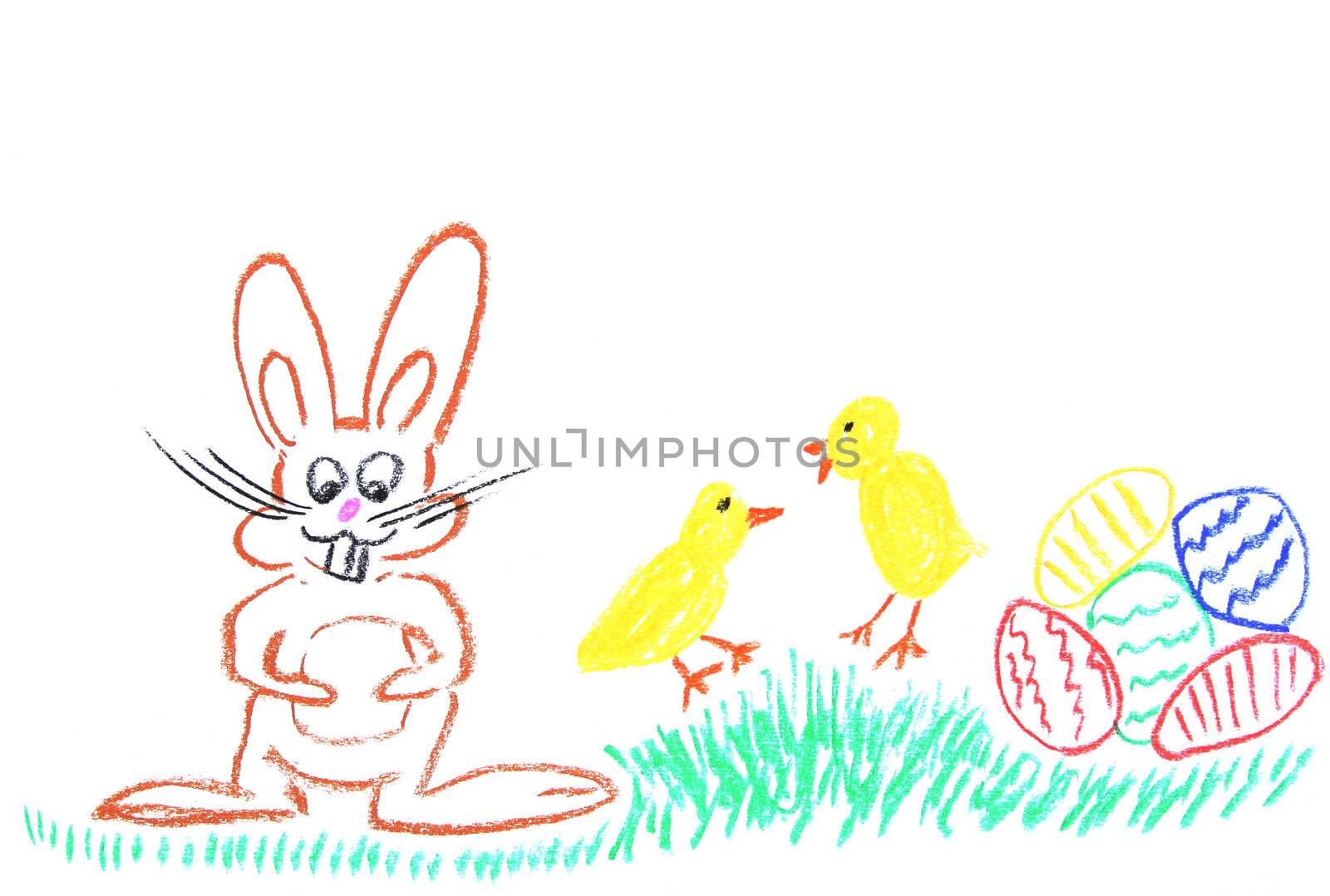 Child drawing of Easter bunny, chickens and eggs made with wax crayons