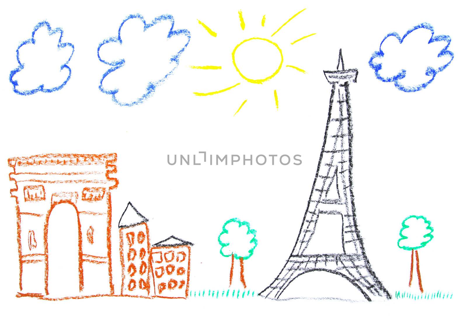 Child drawing of Paris landmarks made with wax crayons