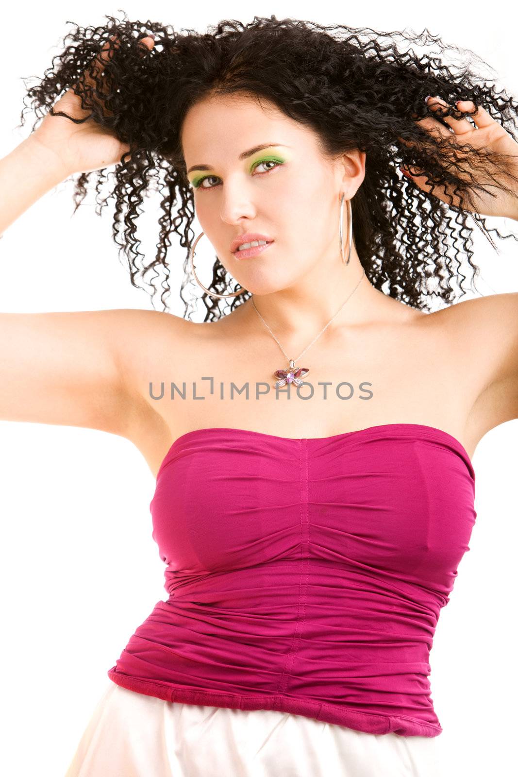 Lovely girl in magenta top on isolated white