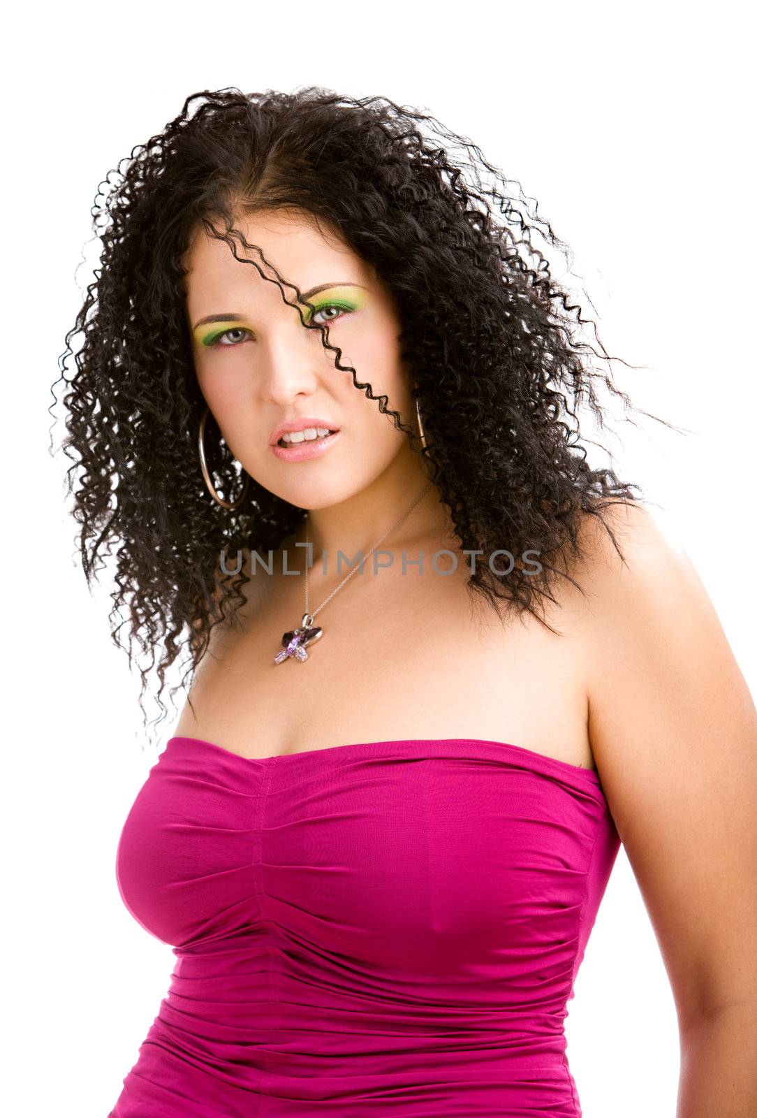 Lovely girl in magenta top on isolated white