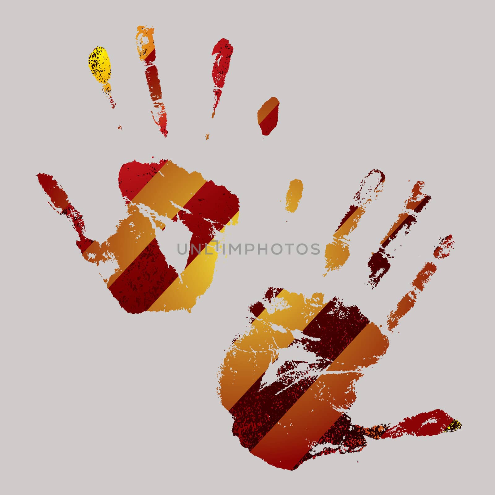 Brightly coloured hand print design with warning stripes